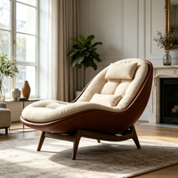 Fauteuil lounge individuel en forme de cocon, capitonné beige, avec structure en fibre de verre marron et pieds en bois massif, pour un espace de vie résidentiel moderne