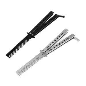 Professional Salon Stainless Steel Folding Practice Training Butterfly Style Knife Hair Comb Styling Tools Black/Silver Cool