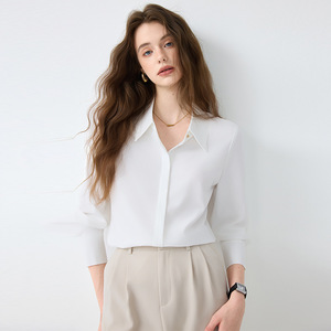 Women's Blue Long Sleeve Shirt Solid Color Polyester Broadcloth Workwear Top Professional Formal Wear For Office - Product Image 4