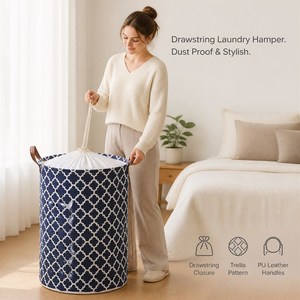 Panier à linge KUYUE avec cordon de serrage, poignées en cuir PU, motif treillis, pour le linge et les jouets - Product Image 6