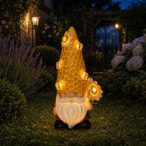 Statue de gnome de jardin solaire en résine Funny <span class=keywords><strong>Life</strong></span> de 8,26 pouces avec chapeau en nid d'abeille, accents tournesol et abeille pour la décoration de pelouse, patio et jardin - Product Image 1