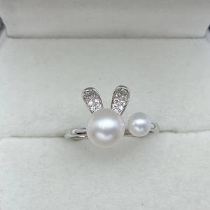 S925 Silver <b>Pearl</b> <b>Ring</b> Good Quality Inlay with Large 7-8mm Round <b>Pearl</b> Small 5mm <b>Pearl</b> Cute Elegant Little White Rabbit Design - Product Image 1