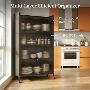 <span class=keywords><strong>Meuble</strong></span> de rangement de cuisine moderne avec portes en verre cannelé, étagère de rangement métallique à 5 niveaux <span class=keywords><strong>pour</strong></span> micro-ondes <span class=keywords><strong>et</strong></span> <span class=keywords><strong>four</strong></span> - Product Image 5