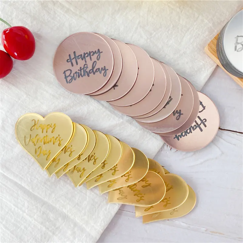 Toppers de bolo acrílico, 5cm carta laser feliz aniversário cartão redondo exibição de cupcake decoração de festa