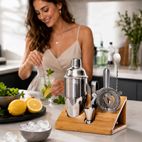 Ensemble de shaker à cocktails en acier inoxydable avec outils de bar, shaker Cobbler 750 ml, kit de barman, support en bambou pour bar à domicile, vente en gros