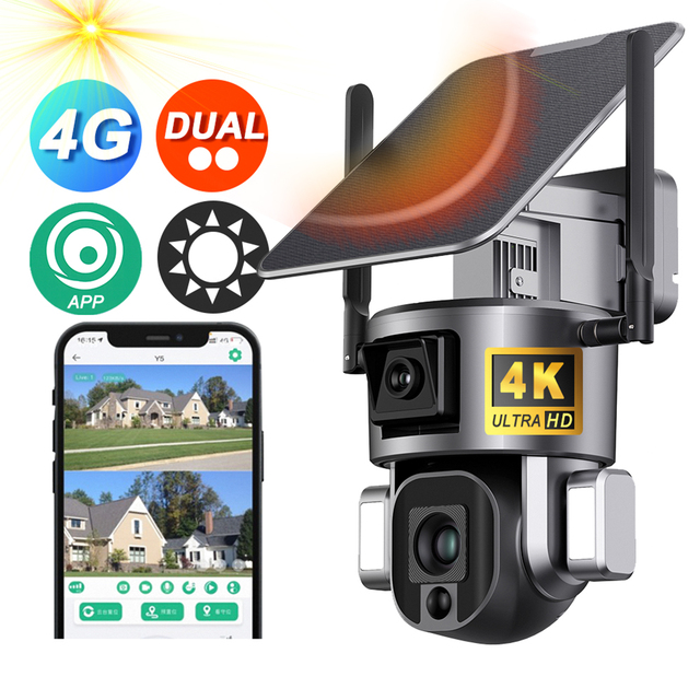 Y5 Solar-Powered 4K Outdoor AI PTZ Battery Security Camera With 4G Mobile Dual-Lens and 9W Solar Panel
