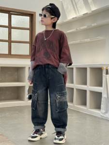 กางเกงคาร์โก้ยีนส์ทรงหลวมชายมีหลายกระเป๋า-เอวยางยืดลำลองฟอกสีเข้มกิจกรรมและสไตล์ในชีวิตประจำวัน - Product Image 4