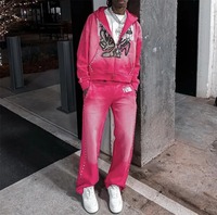 Pantalon de jogging streetwear personnalisé OEM ODM pour homme, coupe ample évasée, en coton French Terry, délavé à l'acide, effet soleil, avec strass