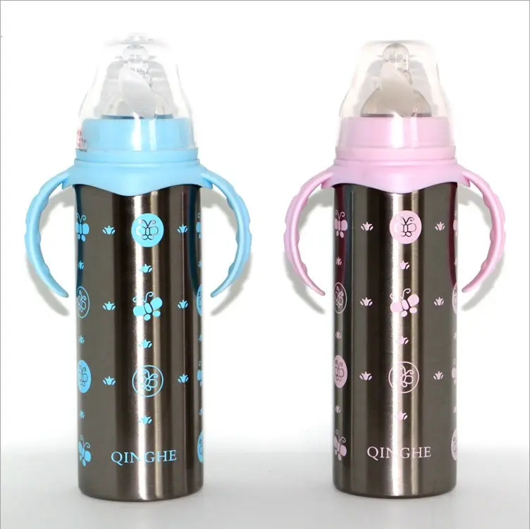 Biberones de agua de acero inoxidable para niños, sin BPA, 8oz, con tetina de silicona, biberón con asa