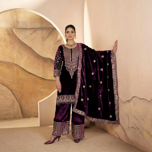 <b>Women's</b> Modern <b>Velvet</b> Embroidered Three Quarter Salwar Kameez Set with Reversible Purple Dupatta <b>for</b> Wedding Party - Product Image 1
