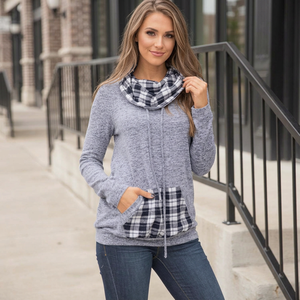 Sudadera con capucha de punto gris para mujer, 100% algodón, cuello tipo bufanda, bolsillos, informal, de invierno, peso pesado, ecológica - Product Image 3