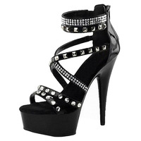 Sandales à plateforme noires à talons aiguilles de 15 cm, à rivets, style gothique, pour pole dance, chaussures de strip-tease, pour défilés de modèles sur scène, à bout ouvert