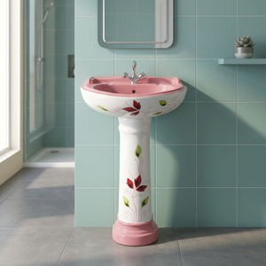 อ่างล้างหน้าเซรามิกสีชมพูขาว พร้อมฐานเต็มตัว ของตกแต่งห้องน้ำ - Product Image 1