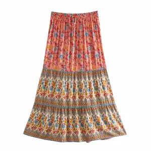 3 colorway boho clothing floral print elastic waist women summer bohemian long maxi skirt