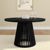 Table ronde en bois moderne avec base en planches et poutres, table à manger ronde en noir, table à manger de hauteur standard pour 4/6 personnes