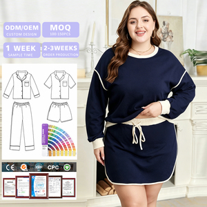 Ensemble décontracté pour femme grande taille ODM/OEM, sweat-shirt bleu marine à bordures contrastées + mini-jupe, ensemble de vêtements de détente grande taille - Product Image 1