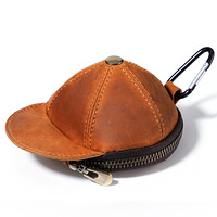 Dompet Kulit Asli Crazy Horse Bentuk Topi Retro, Kantong Penyimpanan Koin, Dompet Koin Desain Retro dengan Carabiner