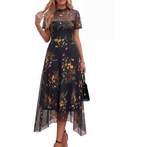 Robe de cocktail FOXA pour femme, été, manches courtes, maille florale transparente, mi-longue, coupe trapèze, col montant, en mousseline, élégante pour soirée et mariage - Product Image 6