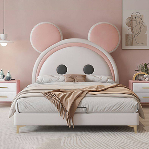 Cama Infantil con Forma de Ratón de Dibujos Animados, Cama Tapizada de Alta Gama para Niños, Diseño Moderno, Juego de Cama Doble de Madera Blanca y Rosa - Product Image 1