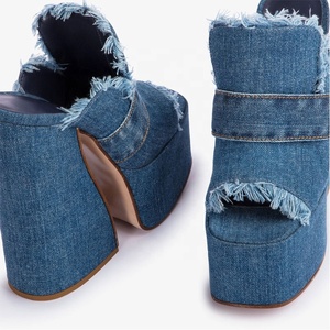 High Chunky Heels Women Thick Platform Peep Toe Denim Sandals Summer on Slippers Jeans <b>Shoes</b> Custom Logo Colors - Product Image 5