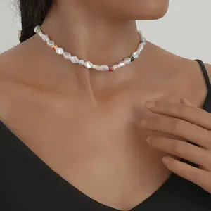 European and American fashion jewelry geometric pearl glass necklace elegant clavicle chain for women