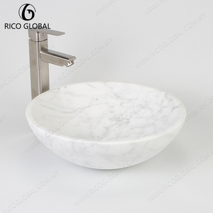 Lavabo Redondo de Mármol para Baño, Pulido, Blanco, de Montaje Sobre Encimera, Diseño Contemporáneo, con un Solo Orificio para Grifo - Product Image 4