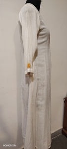 Robe midi en lin blanc, col rond, manches trois quarts, broderie, coupe ample, décontractée, pour tous les jours - Product Image 4