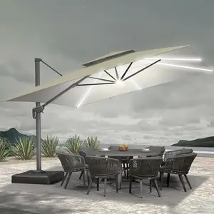 360 रोटेशन आउटडोर एल्यूमिनियम फ्रेम एलईडी लाइट छाते के साथ रेस्तरां हैंगिंग छाते वाटरप्रूफ गार्डन पैरासोल 3 मीटर