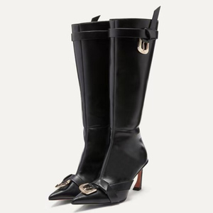 Women's Top Knot Belt Knee High <b>Boots</b> Pointed Toe Metal Buckles Long Booties Stiletto Hook Shape Heels Stage Shoes - Product Image 4