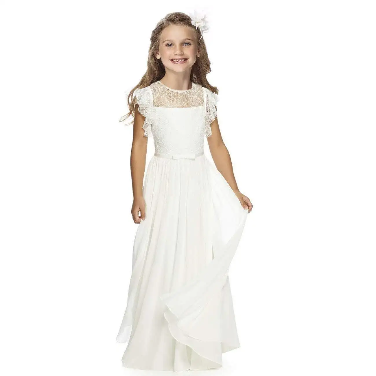 Hermosos vestidos de encaje de flores para niñas, mangas blancas, faldas largas para niñas