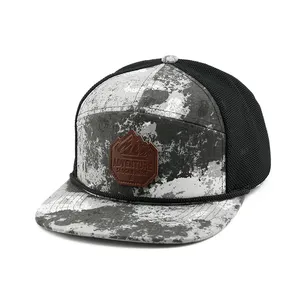 Custom Leather Patch Logo 7 Panel Men's Trucker Breathable Mesh Hunting Cap Street Style Black White Camo Rope Mesh Snapback Hat