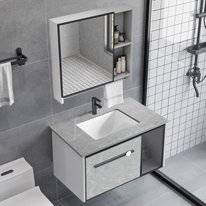 Ensemble de meuble-lavabo de salle de bain moderne de style nordique, armoire en aluminium étanche murale avec lavabo en céramique intégré, pour balcon - Product Image 2
