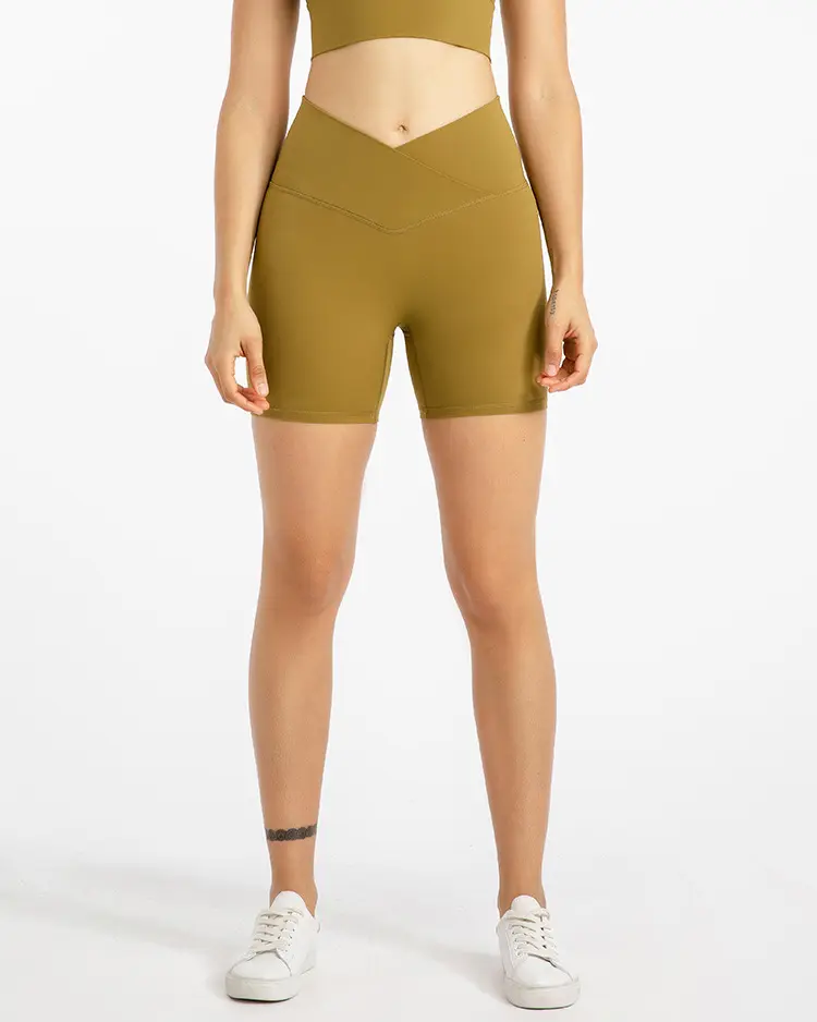 LQ2201 Fitness Women cross waist Yoga Shorts Four Way Stretch Running Shorts Athletic Compression bike shorts