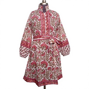 Elegante Vestido Casual de Verano para Mujer, Ecológico, de Algodón, Cuello Redondo, Mangas Largas Abullonadas, Cintura Natural, Estampado Floral, Midi - Product Image 1