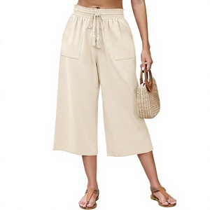 LOMON Pantalon capri ample <span class=keywords><strong>en</strong></span> <span class=keywords><strong>lin</strong></span> pour <span class=keywords><strong>femme</strong></span> avec cordon de serrage et taille élastique, pantalon court décontracté - Product Image 1