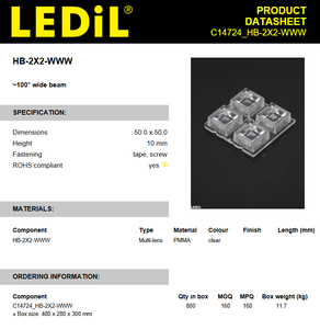 Ledils C14724_HB-2X2-WWW Lentilles et assemblages LED carrés en PMMA 50x50mm(D)10mm(H) pour éclairage LED - Product Image 2