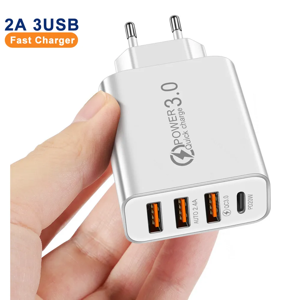 Portable QC3.0 4 Port USB C Charger 20W EU US Plug Multifunction Mobile Phone Travel Wall Charger Adapter