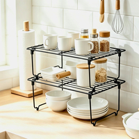Organisateur de comptoir de cuisine pliable à 2 niveaux, en métal noir, avec étagères en maille pour tasses, assiettes, pots à épices