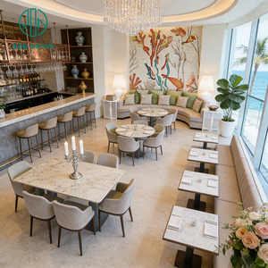 Muebles Costeros de Lujo, Banqueta Curva Tapizada en Tela Beige con Mesa de Café Tapizada en Mármol y Sillas para Hotel y Restaurante - Product Image 5