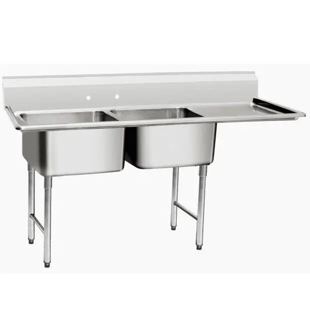 Portable American Commercial Stainless Steel Double Sink With Right Drain Board Manufacturers/Clean Vegetable 304 Kitchen Sink