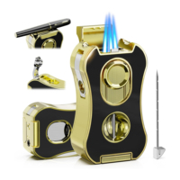 Briquet torche coupe-vent haut de gamme JH sans logo, 4 flammes, pour camping, avec support de coupe en V parfait et outil de découpe.