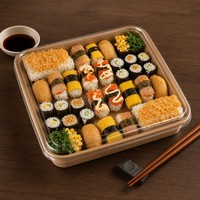 Plateau à sushi carré en papier kraft jetable écologique EP-20 avec couvercle en PET anti-buée sans BPA pour restaurant, plats à emporter, pique-nique, en vrac