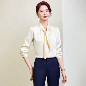 Women's Satin Blouse With Tie Neck Full Sleeve Elegant Work Shirt For Office Wear Green - Product Image 4