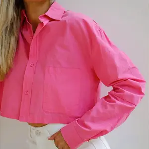 Groothandel Overhemd Met Lange Mouwen Naar Beneden Kraag Losse Single Breasted Crop Shirt Casual Stijl Blouse Voor Dames