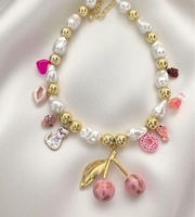 Collier tendance pour filles, enfants et femmes, perles en acier inoxydable, charm mignon en forme de cerise corail, plaqué or 18 carats