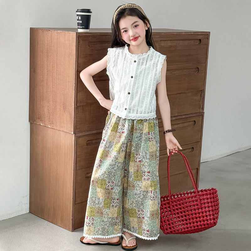 2025 New Summer Teenager Outfit Set Kids Girl White Lace