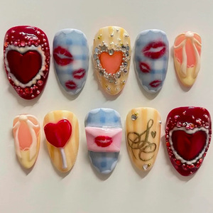 Faux ongles à presser faits main pour la Saint-Valentin, motif cœur rouge et empreinte de lèvres avec strass, design mignon chaussure de ballet et sucette, en acrylique - Product Image 1
