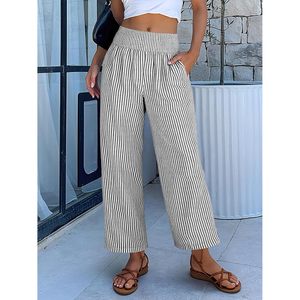 ANRABESS Pantalon palazzo rayé à jambes larges pour femme, en coton et fibre de bambou, respirant, avec poches, décontracté, pour la détente, bas de pyjama court - Product Image 3