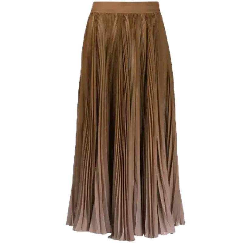 फैक्टरी मूल्य स्टाइलिश लेडी उच्च कमर ब्राउन स्कर्ट पॉलिएस्टर स्कर्ट पूरी तरह से Pleated लंबी महिलाओं की शिफॉन स्कर्ट