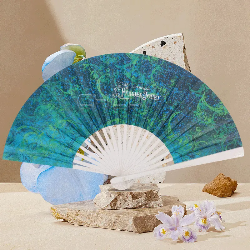 Japanese bamboo printed fabric folding hand fan with custom logo